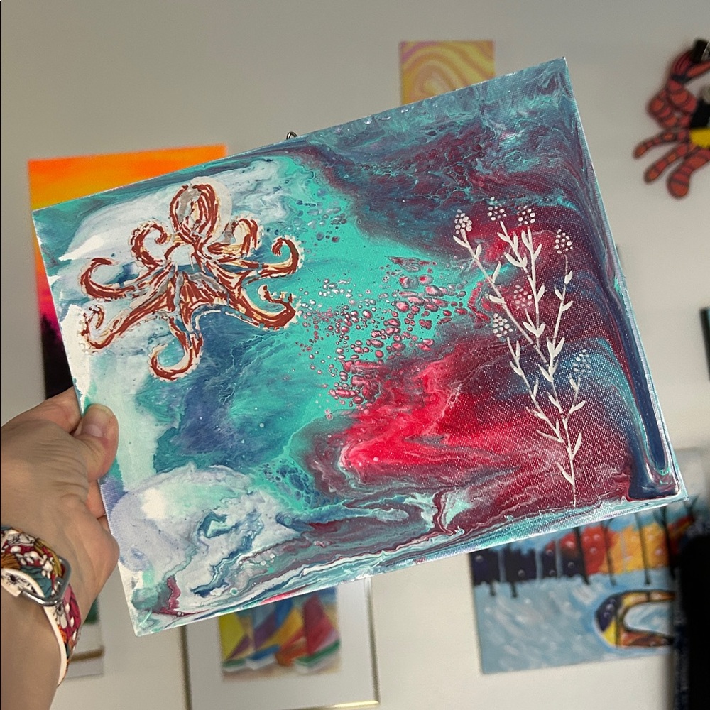 Abstract Ocean Art Canvas with Octopus and coral Design NEW handmade